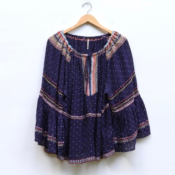 Free People Talia Embroidered Peasant Top L - Picture 4 of 9